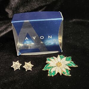 Convertible Avon Rhinestone Snowflake Stud Earrings  Poinsettia Brooch Christmas